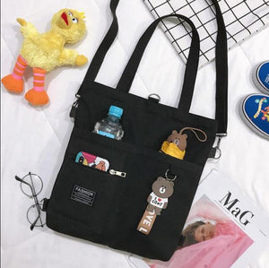 Canvas Women Handbag Shoulder Bags Large Capacity Simple Folding Handbags Tote Shopping Bag with Frog Pendant Book Bags for Girl