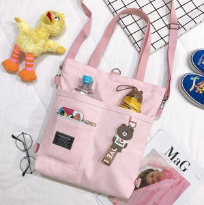 Canvas Women Handbag Shoulder Bags Large Capacity Simple Folding Handbags Tote Shopping Bag with Frog Pendant Book Bags for Girl