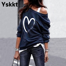 Load image into Gallery viewer, Yskkt Women&#39;s Pullover Sweatshirt Heart Printed Long Sleeve One Shoulder Tops Autumn Winter Sweat Shirts Woman Casual Top
