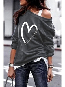 Yskkt Women&#39;s Pullover Sweatshirt Heart Printed Long Sleeve One Shoulder Tops Autumn Winter Sweat Shirts Woman Casual Top