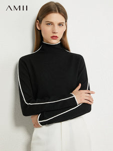 AMII Minimalism Autumn Winter Sweater For Women Causal Spliced Slim Fit Women&#39;s Turtleneck Sweaters Sweaters For Female